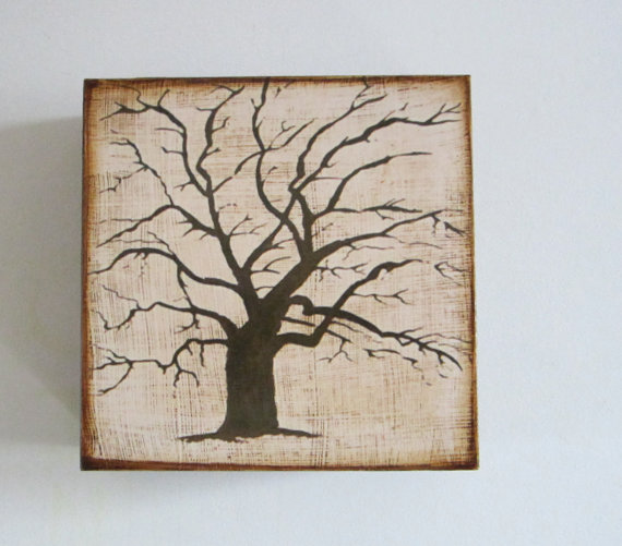 The Old Oak Tree 5x5 Art Block On Wood Branch Brown Beige Shabby Chic Nature Hollow Forest Mysterious Red Tile Studio