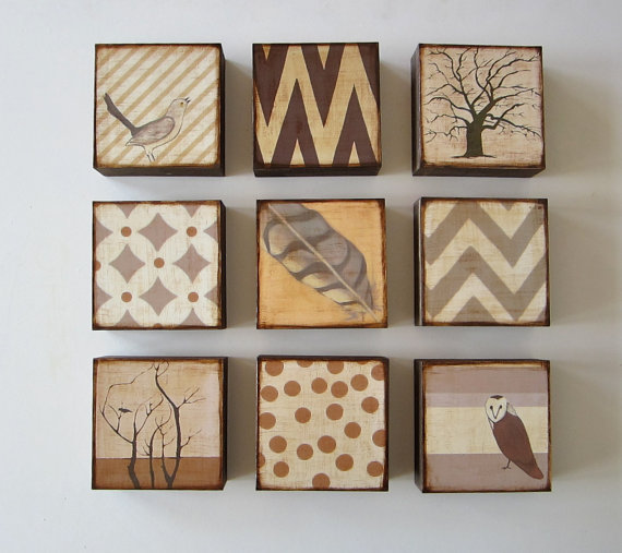 Art Block 5x5 Nine 9 Set Nature And Pattern Collection Neutral Gray Beige Brown Rust Orange 5x5 Geometric Redtilestudio Wood