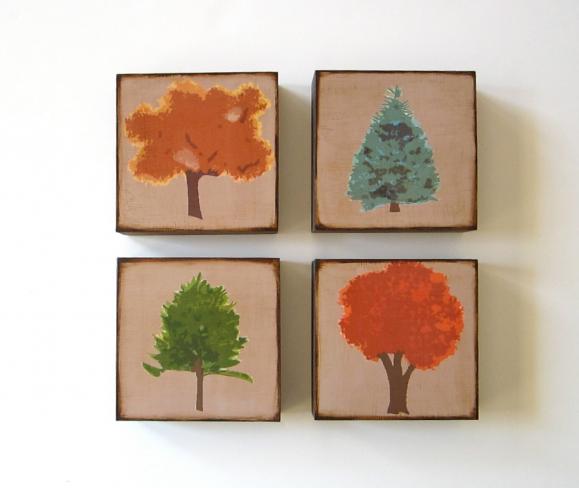 Forest Of Trees Four Art Blocks Wood Brown Orange Red Green Blue Pine Maple Spruce Nature Natural Series Woodland Print