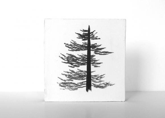6x6 Art Block Painting Pine Tree Black White Texas Woods Forest Nature Red Tile Studio