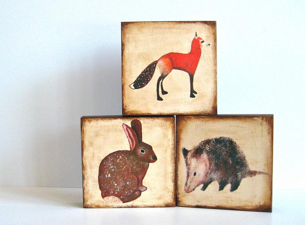 5x5 Art Block Trio- Mix And Match - You Choose Any 3 Designs Nature Woodland Forest Animals Fox Oppossum Rabbit Brown Red Tile S
