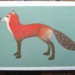 Red Fox With Teal Background 5x7 Giclee Art Print..